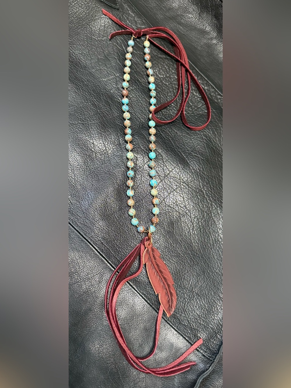 Turquoise Beaded Necklace with Burgundy Leather Tassel and Feather